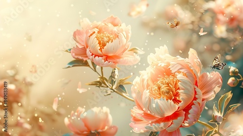 Fototapeta Naklejka Na Ścianę i Meble -  meticulous Chinese painting techniques, pink and gold peony flowers and butterflies, bright colors