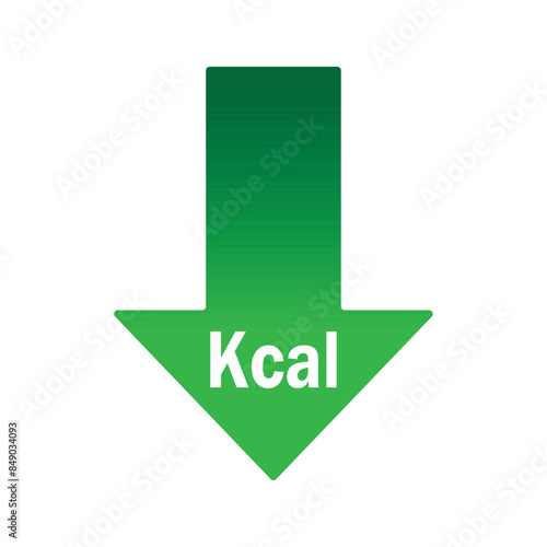 Calories reduction icon. Low kilocalories graphics sign with arrow. Kcal reduction isolated symbol on white background. Symbol of healthy nutrition. Vector illustration. Kilocalorie symbol emblem.