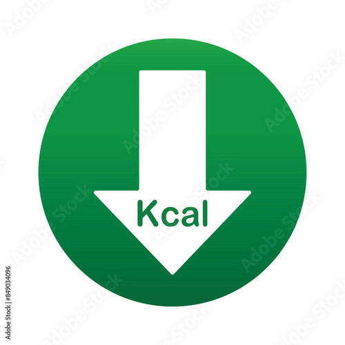 Calories reduction icon. Low kilocalories graphics sign with arrow. Kcal reduction isolated symbol on white background. Symbol of healthy nutrition. Vector illustration. Kilocalorie symbol emblem.