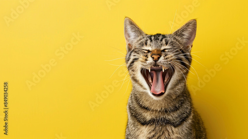 A cat is sitting on a yellow background and has its mouth open