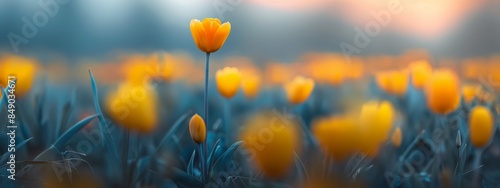 close up wild yellow tulip flower whimsical garden outdoor scenery with bokeh light, spring or summer beauty nature background happy cheerful atmosphere