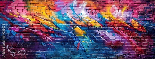 Urban graffiti art on a brick wall in vibrant colors photo