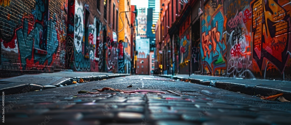 Fototapeta premium Urban street with graffiti on building facades