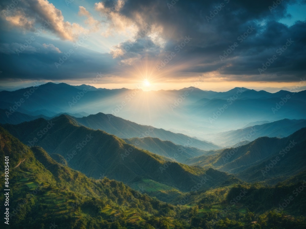 blue color of mountains during sunset with sun rays blue color of mountains during sunset with sun rays