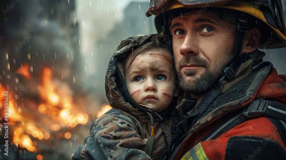 portrait of a Caucasian rescuer in a uniform and helmet with a child in his arms against the backdrop of burning destroyed houses portrait of a Caucasian rescuer in a uniform and helmet with a child in his arms against the backdrop of burning destroyed houses
