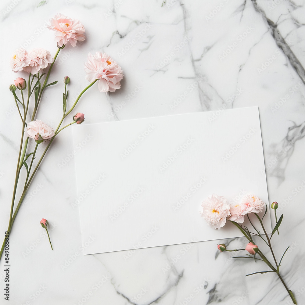 Birth Month Flowers card mockup, blank white card with a couple simple Flowers on marble background Birth Month Flowers card mockup, blank white card with a couple simple Flowers on marble background