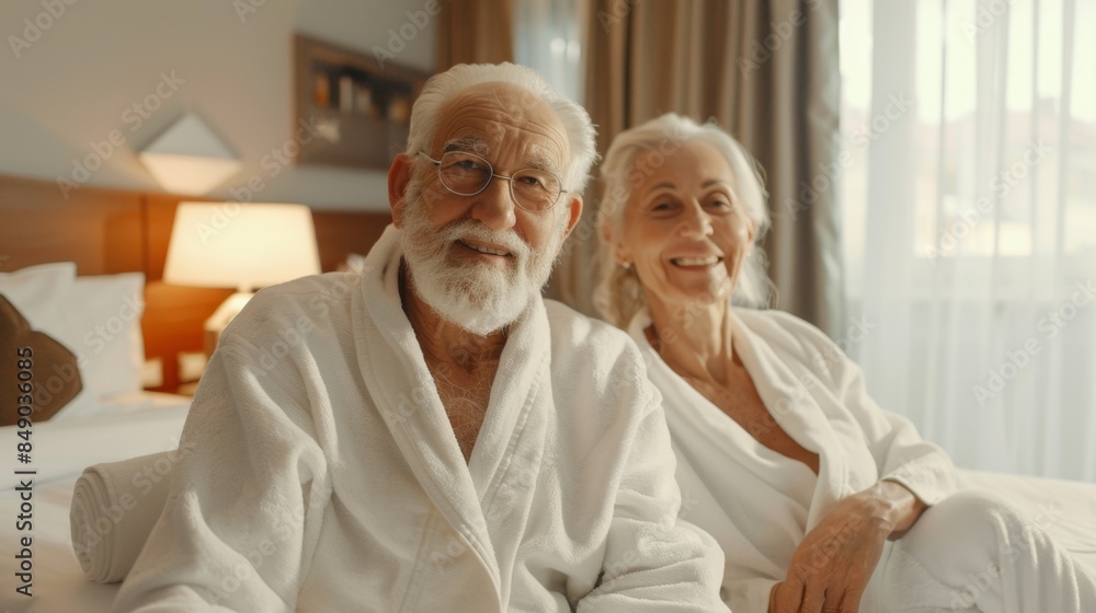portrait of a happy couple of Caucasian elderly happy people in bathrobes in a hotel room enjoying their vacation together portrait of a happy couple of Caucasian elderly happy people in bathrobes in a hotel room enjoying their vacation together