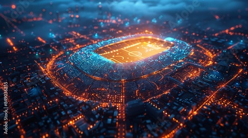 A highly detailed CG image of a digital soccer stadium glowing within a futuristic cityscape at night