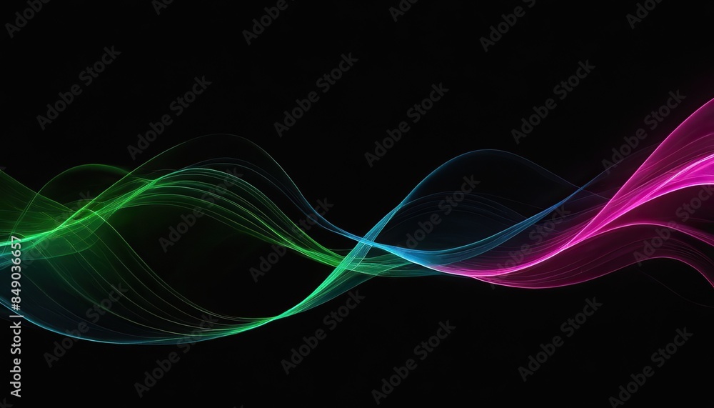 A black background with a green blue and pink wave design. A black background with a green blue and pink wave design.