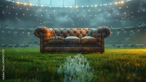 An old-fashioned leather sofa sits incongruously on a lush green soccer field with stadium lights in the background photo