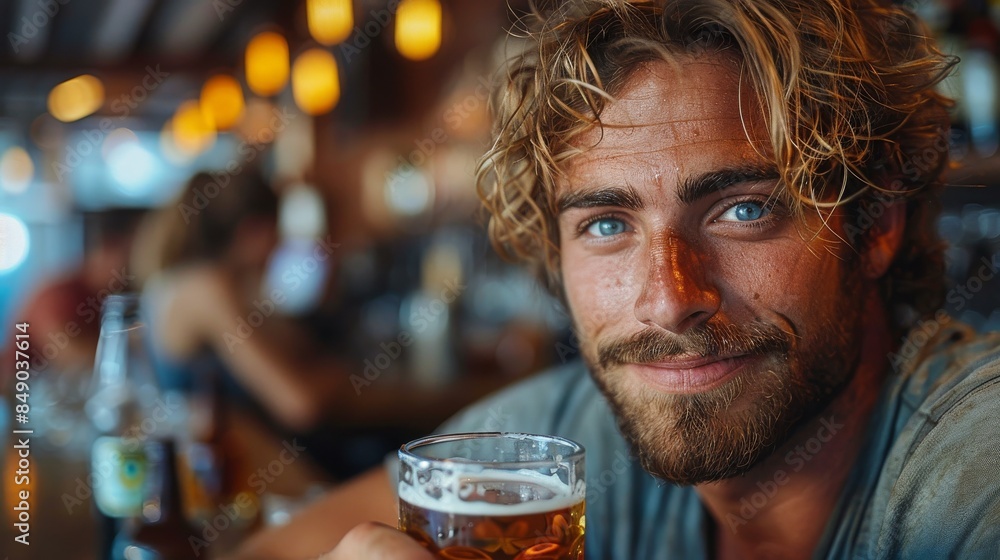 Attractive young man with blue eyes enjoying a beer, smirking at the camera in a pub setting Attractive young man with blue eyes enjoying a beer, smirking at the camera in a pub setting