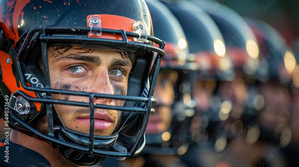 Football helmets in a row focusing on the one in the foreground with blurred background Football helmets in a row focusing on the one in the foreground with blurred background