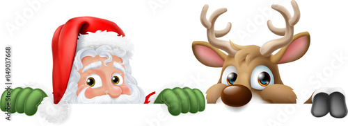 Cartoon Santa Claus or Father Christmas and his reindeer peeking over a sign and pointing