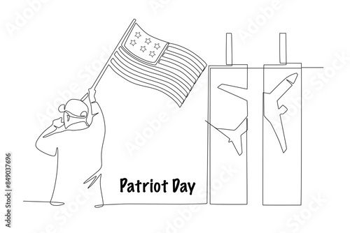 Soldiers waving the American flag rear view and the twin towers of the World Trade Center. Patriot day concept one-line drawing