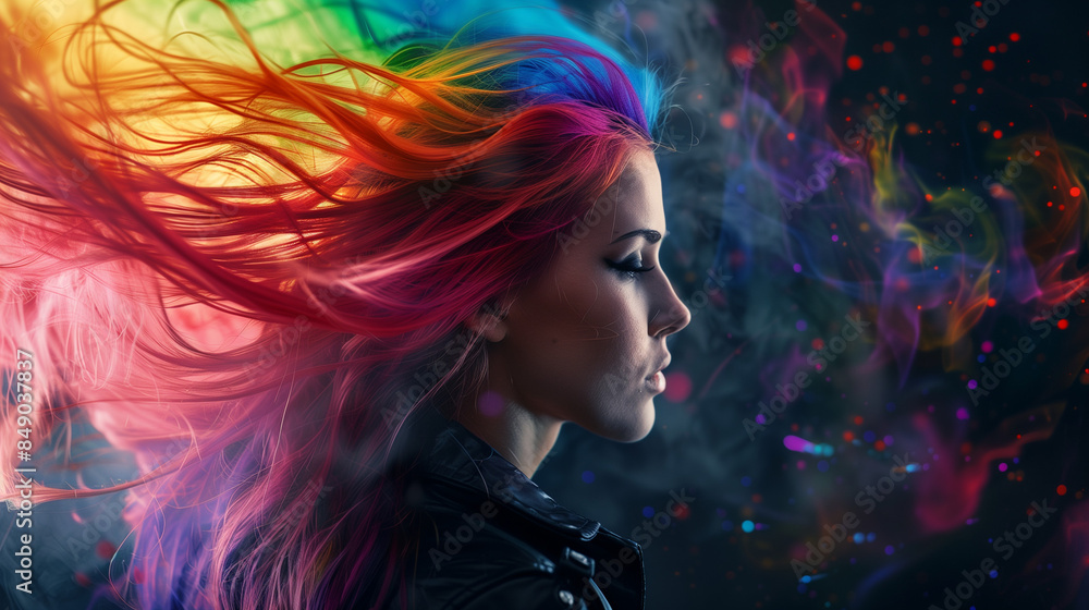 Studio Portrait of a Young Girl with Rainbow-Colored, Extra Vibrant, Wavy Hair Studio Portrait of a Young Girl with Rainbow-Colored, Extra Vibrant, Wavy Hair