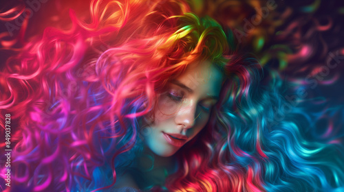 Studio Portrait of a Young Girl with Rainbow-Colored, Extra Vibrant, Wavy Hair © Erzsbet