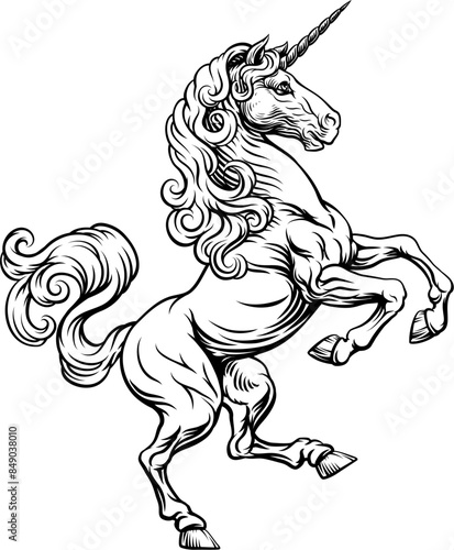 Unicorn horn horse mythological animal from myth. For a crest in rampant pose. Heraldic coat of arms heraldry design element in a vintage illustration style.