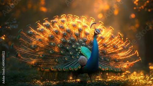 beautiful peacock in tranquil forest nature landscape