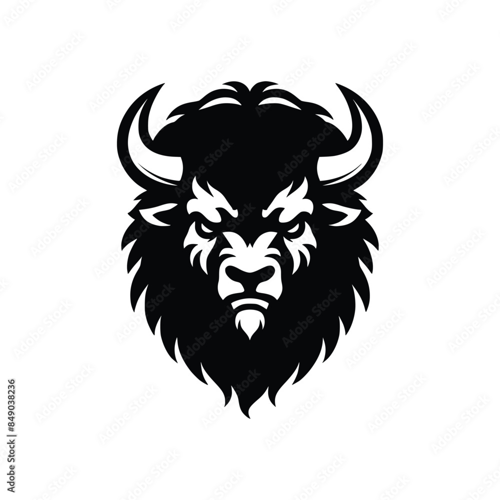 Obraz premium Fierce Bison Head Vector Silhouette - High-Resolution Black and White Illustration