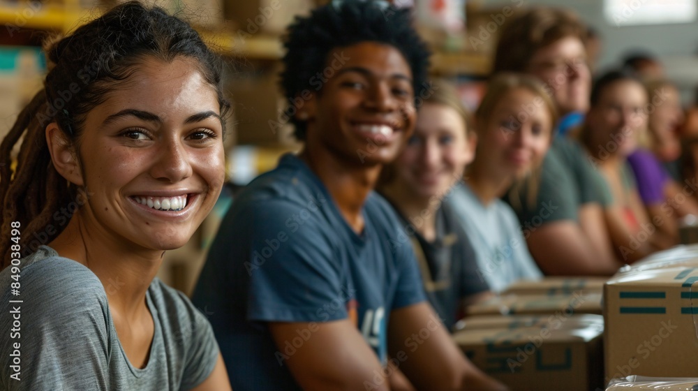 A group of diverse volunteers sorting donations in a community center, smiling and working together, emphasizing unity and generosity A group of diverse volunteers sorting donations in a community center, smiling and working together, emphasizing unity and generosity