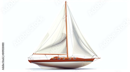 A beautiful sailboat is gliding through the water. The white sails are billowing in the wind and the red hull is sleek and shiny. photo