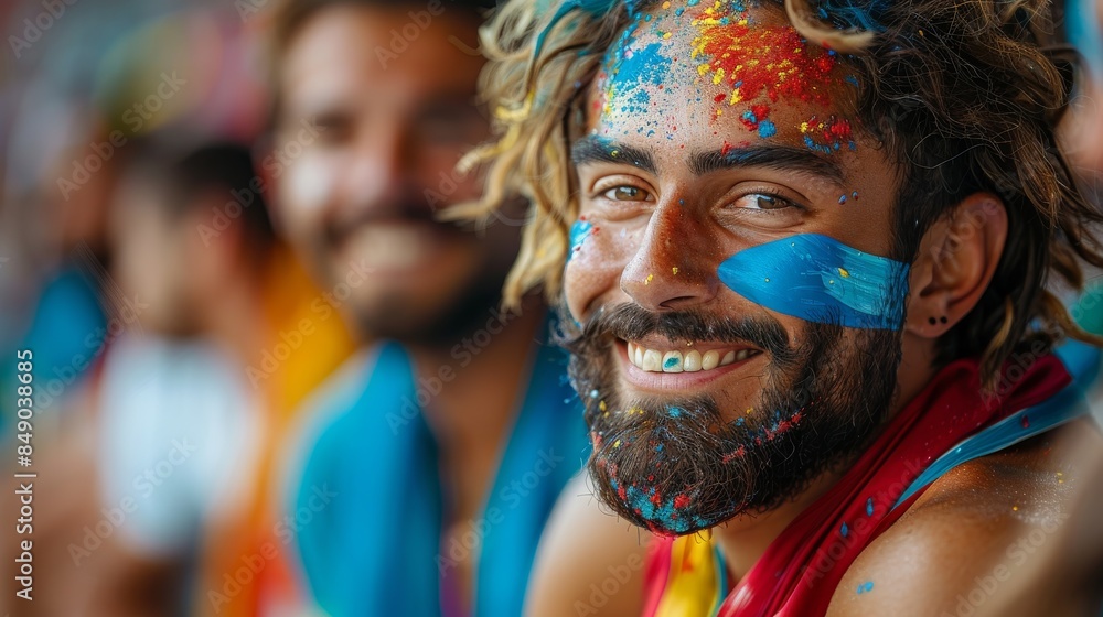 A close-up of a smiling man with vibrant paint on his face attending a festive or sporting event, showing joy and celebration