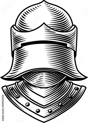 A knights helm medieval helmet in vintage woodcut etching engraved style