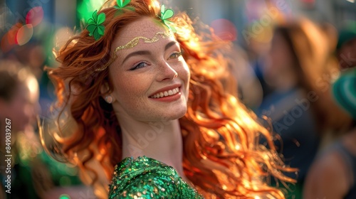 Spirited Red-Haired Woman in Cork Wearing Saint Patrick's Day Regalia