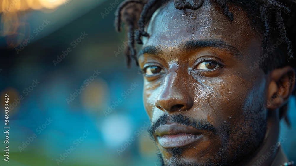 An athlete with focused gaze and sweat on his face, reflecting determination and strength in a competitive setting An athlete with focused gaze and sweat on his face, reflecting determination and strength in a competitive setting