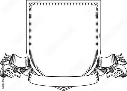 Coat of arms crest knight family medieval shield and scroll heraldry heraldic armorial motif in a vintage etching engraving woodcut style