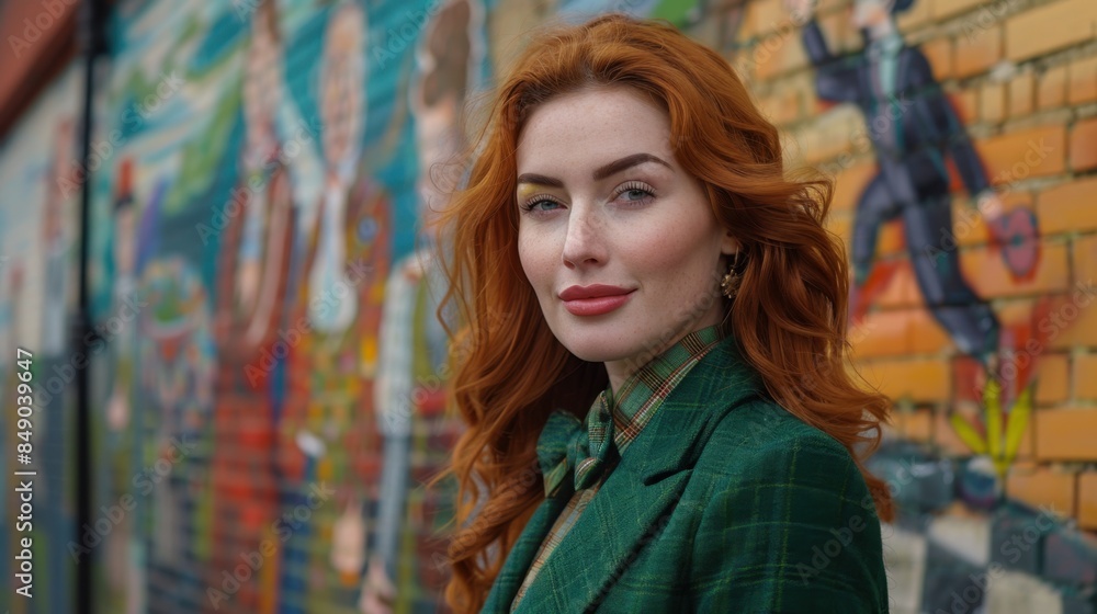 Obraz premium Charismatic Red-Haired Woman in Belfast Wearing Saint Patrick's Day Costume