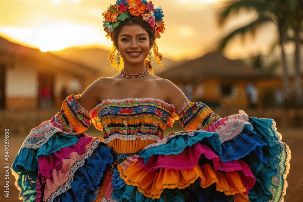 Fototapeta premium Traditional Nicaraguan Dancer in Iconic Central American Costume at Sunset