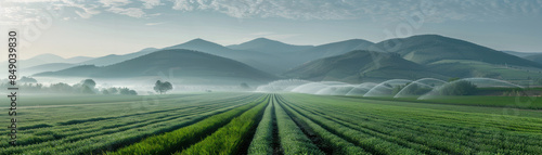 Panoramic View of Serene Agricultural Landscape with Rolling Hills, Misty Morning Sky, and Lush Green Fields Perfect for Nature and Agriculture Enthusiasts photo