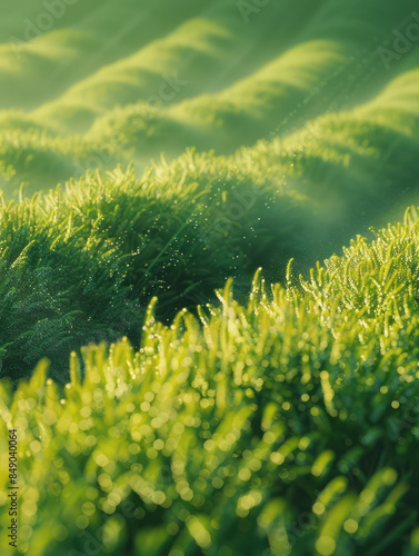 Serene Morning Dew on Lush Green Tea Plantation Hills with Sunlight Streaming Through Mist in a Beautiful Natural Landscape