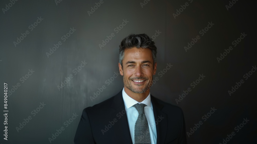 Handsome businessman in a suit with a welcoming and confident smile Handsome businessman in a suit with a welcoming and confident smile
