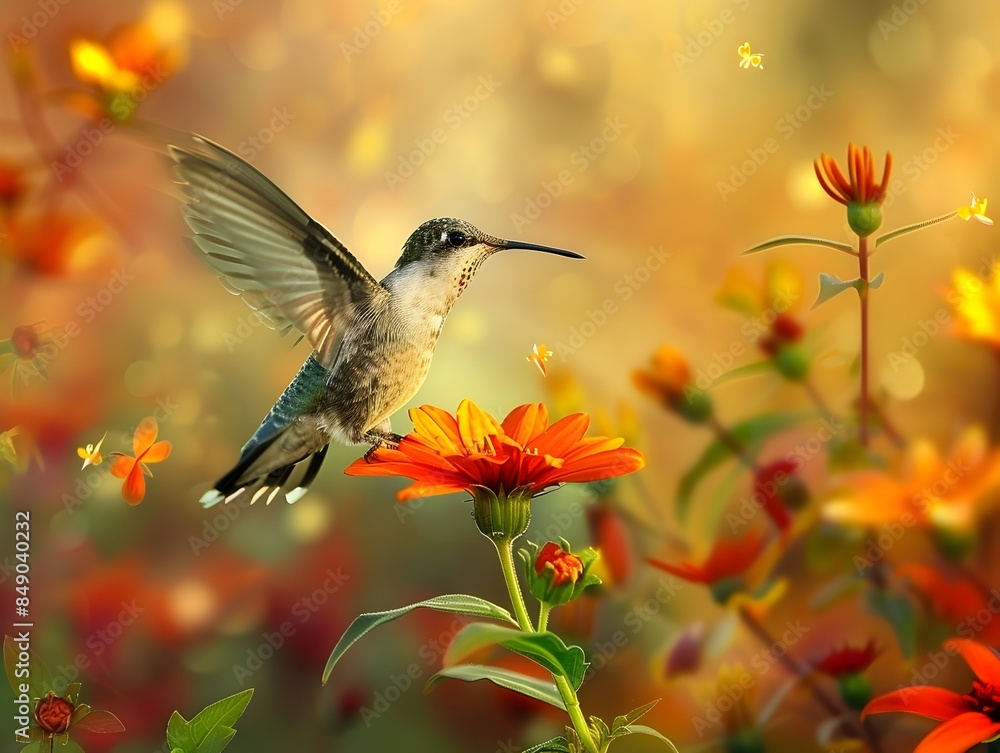Naklejka premium Hummingbird Feeding on Autumn Flower in Garden Capturing Moment of Graceful Movement