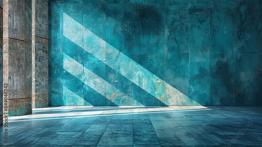 A spacious room with grunge turquoise walls is lit by diagonal beams of sunlight filtering through windows A spacious room with grunge turquoise walls is lit by diagonal beams of sunlight filtering through windows