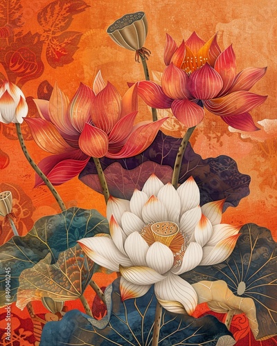 Elegant Indiathemed wallpaper featuring intricate lotus flowers, vivid colors, and cultural motifs, highquality design, isolated background, plenty of copy space