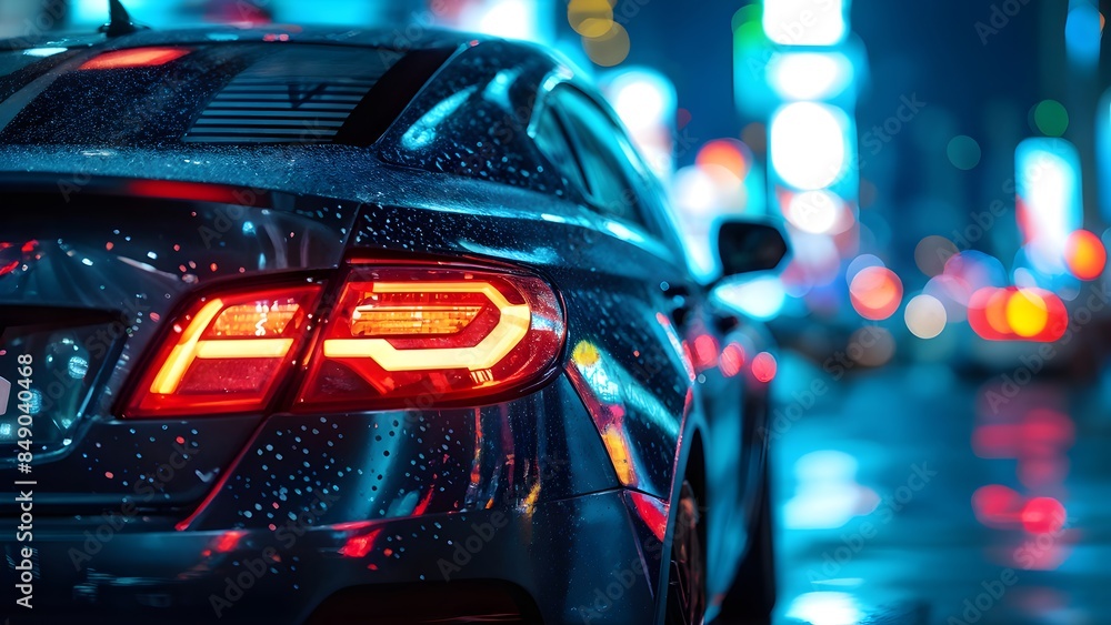 Sleek Car in Vibrant City Lights at Night, Reflective Surface with Bokeh Effects. Generative AI Sleek Car in Vibrant City Lights at Night, Reflective Surface with Bokeh Effects. Generative AI