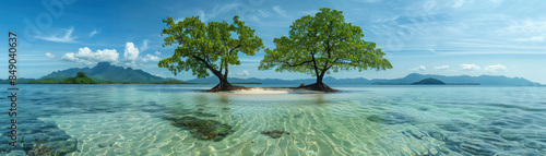 Serene Tropical Beach Scene with Two Isolated Trees on Clear Blue Waters under a Bright Sky