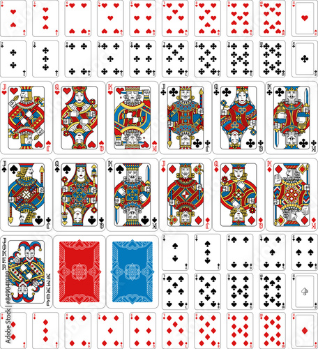 A truly full, complete deck of playing cards in yellow, red, blue and black. All cards including joker plus and backs. An original design in a classic vintage style. Standard poker size.