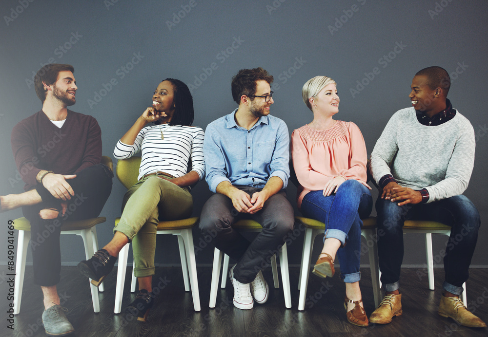 Startup, waiting room or business people speaking of job opportunity, creative career or application. Networking, diversity or happy men in conversation with women for recruitment hiring or interview Startup, waiting room or business people speaking of job opportunity, creative career or application. Networking, diversity or happy men in conversation with women for recruitment hiring or interview