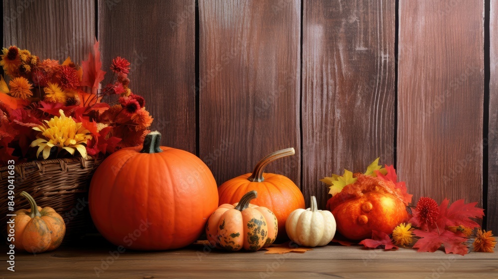 autumn pumpkins and fall decor on a rustic wood background with copy space autumn pumpkins and fall decor on a rustic wood background with copy space