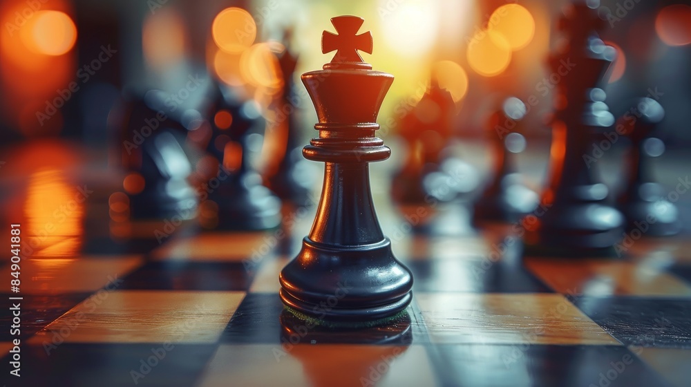 This image shows a dramatic close-up of a black king chess piece on a chessboard with blurred pieces in the background This image shows a dramatic close-up of a black king chess piece on a chessboard with blurred pieces in the background