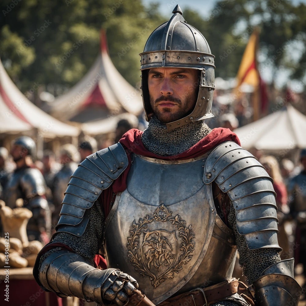 A close-up of a knight piece with a medieval fair backdrop.
A close-up of a knight piece with a medieval fair backdrop.