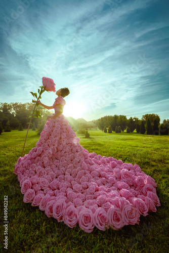 Beautiful woman in the dress of roses  in the garden with giant roses