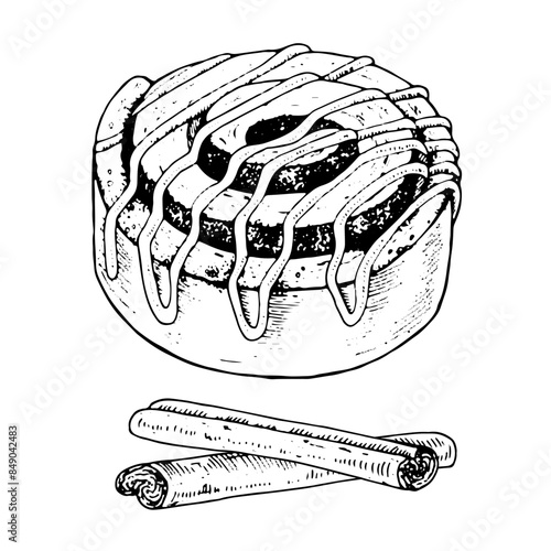 Cinnamon Roll Vector hand drawn illustration. Bun and canella sticks sketch drawing. Vintage white and black line art on background. Cliparts of food for graphic design. Bakery elements