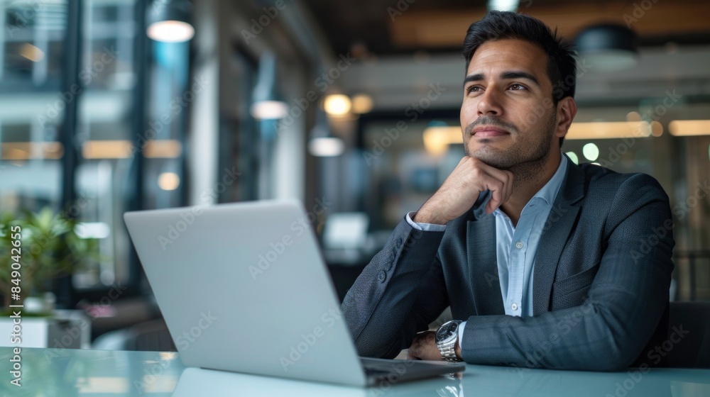 Fototapeta premium A man is sitting at a desk with a laptop in front of him