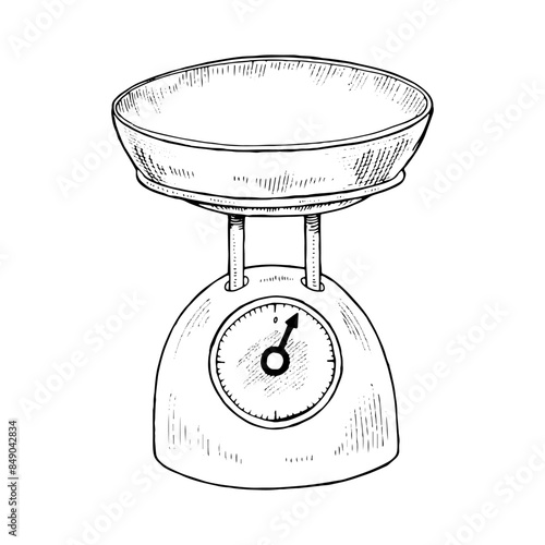 Kitchen Scale Vector hand drawn illustration. Food weight measurement. Vintage white and black line art drawing on background. Clipart of empty balance for graphic design. Retro style cooking element