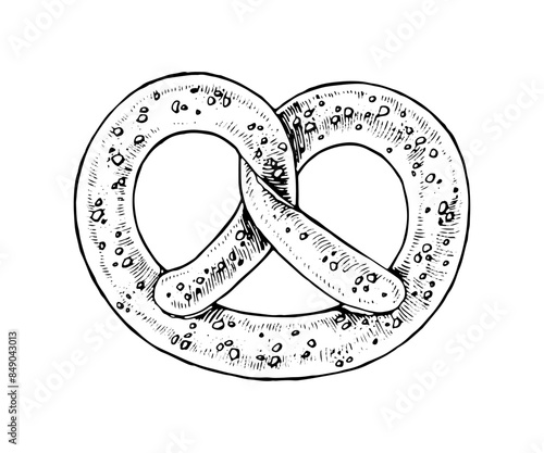 Pretzel Vector hand drawn illustration. Brezel sketch drawing. Vintage white and black line art on background. Clipart of german food for bakery graphic design. Beer party pastry salty snack